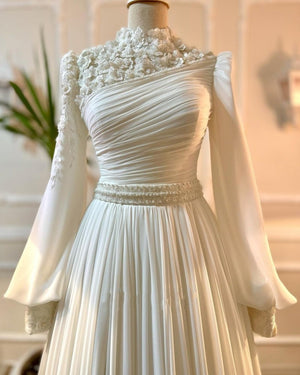 Elegant 3D Flowers White Muslim Evening Dress for Women Wedding Luxury Dubai Long Sleeve High Neck Arabic Bridal Party Gowns