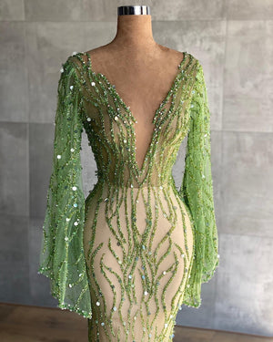 Bling Bling Green Beaded Sequined Mermaid Evening Dresses With Flare Sleeves 2022 Luxury Long Evening Gowns Dubai Formal Dress