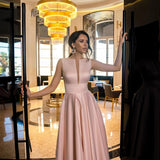 Custom Color Tea-Length Satin 2023 Evening Dress Illustion V-Neck Sleeveless Evening Gown Sexy Backless A-Line Prom Dress