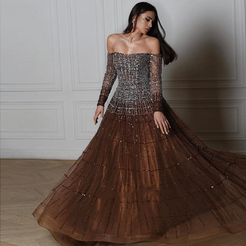 Luxury Dubai Off Shoulder Brown Evening Dress Long Sleeves Gold Crystal Arabic Women Formal Dresses Muslim Wedding Party Gowns