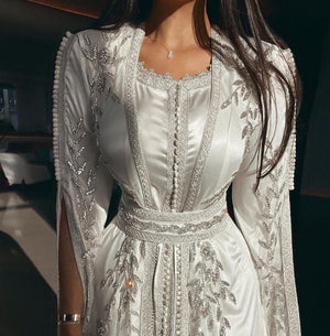 Luxury Kaftan Arabic Moroccan Dubai Abaya Evening Dresses Muslim Long Sleeve Women Wedding Party Gowns Ivory Formal Party Dress