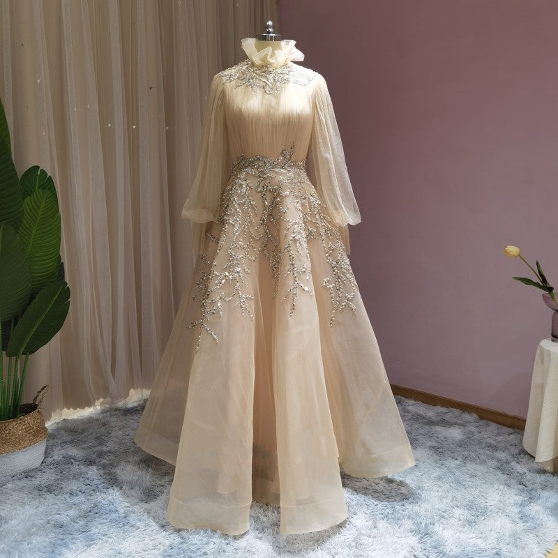 Champagne Long Sleeve Muslim Evening Dresses 2022 Luxury Beaded Dubai Women Wedding Party Gowns Arabic Formal Prom Dress