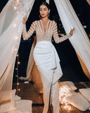 Dubai White Mermaid Arabic Evening Dress Long Sleeve 2022 Luxury Beading Women for Wedding Party Gowns Midi Prom Formal Dresses