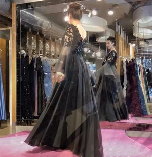 Black Evening Dresses V-Neck Long Flare Sleeves Appliques A-Line Arabic Chiffon backless Prom Gowns Mother of the Bride Party