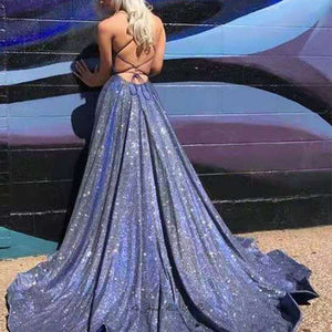 Blue Glitter Formal Evening Dresses with pockets side slit Lace Up Backless Sparkle Prom gowns Elegant Dress