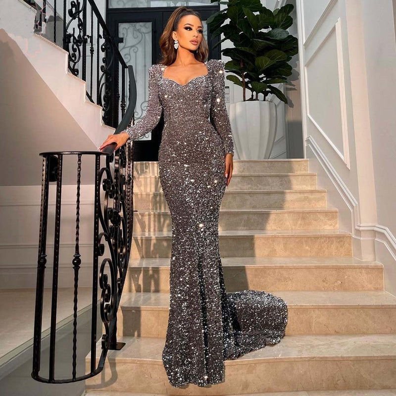Sexy Party Night Mermaid Evening Dresses 2022 For Women Long Sleeves Sweetheart Velvet Sequin Formal Robe De Soiree