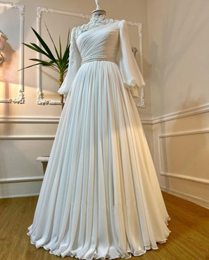Elegant 3D Flowers White Muslim Evening Dress for Women Wedding Luxury Dubai Long Sleeve High Neck Arabic Bridal Party Gowns
