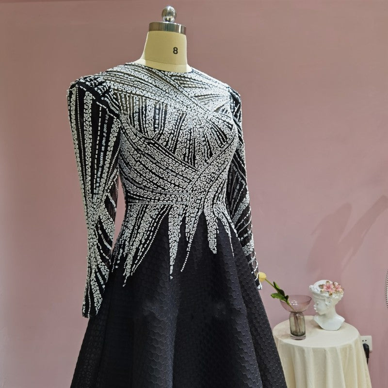 Luxury Black Short Muslim Evening Dress Long Sleeve 2022 Elegant A-Line Beaded Tea Length Arabic Women Party Prom Formal Dresses