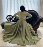 Sequin A-Line Prom Dresses 2022 V-Neck Sexy High Slit Satin Green Long Sleeves Formal Evening Gowns Vestidos De Gala