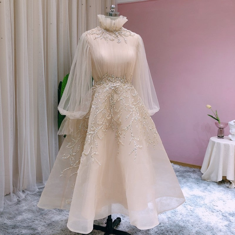 Champagne Long Sleeve Muslim Evening Dresses 2022 Luxury Beaded Dubai Women Wedding Party Gowns Arabic Formal Prom Dress