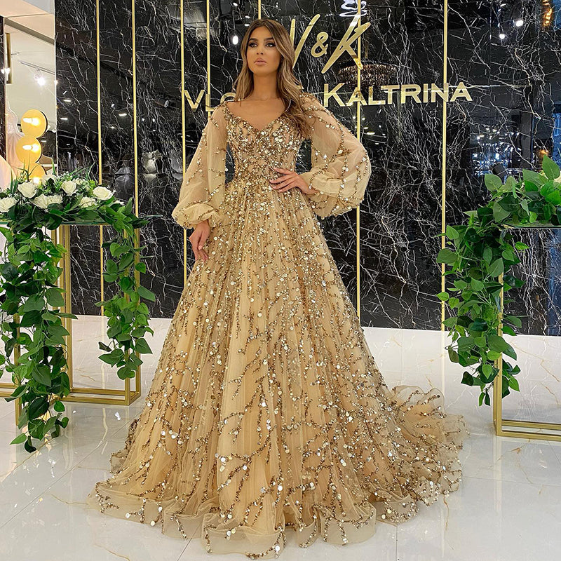 Luxury Dubai Gold Beading A-Line Evening Dresses for Women Wedding Party Elegant Muslim Arabic Formal Gowns