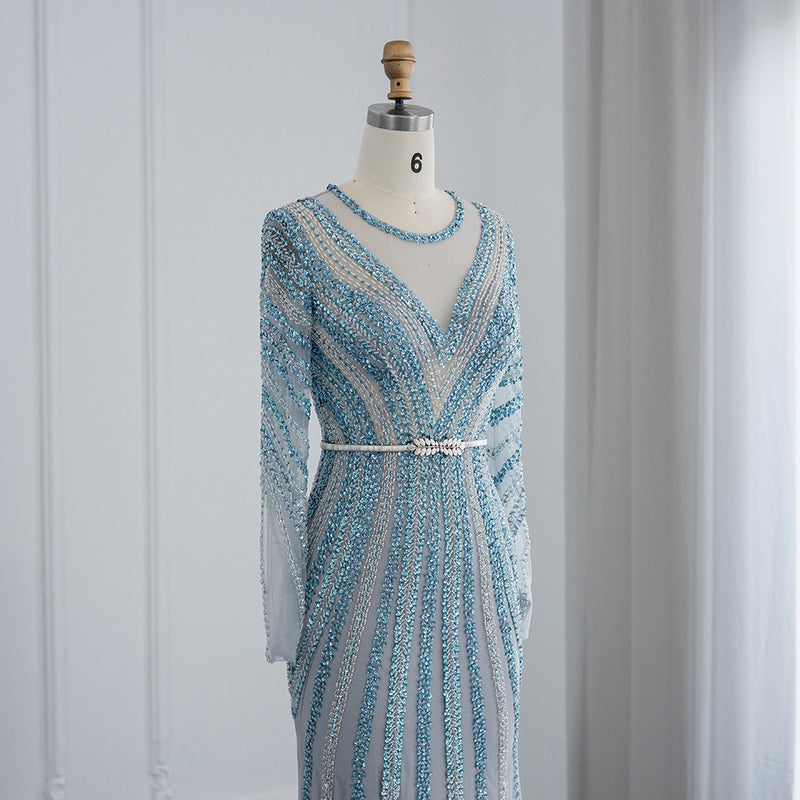 Dubai Silver Mermaid Evening Dress with Belt Long Sleeves Beaded Arabic Women Wedding Formal Party Gowns