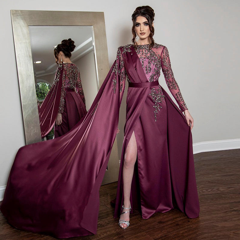 Elegant Burgundy Arabic Evening Dresses with Cape Long Sleeve Luxury D Chellen-prom Elegant Burgundy Arabic Evening Dresses with Cape Long Sleeve Luxury D Chellen-prom