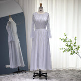 Luxury Dubai Gray Short Muslim Evening Dresses for Women Wedding Elegant Long Sleeve Beaded Arabic Formal Dress