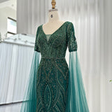 Luxury Emerald Green Evening Dresses with Cape Sleeves 2023 Elegant Rose Gold Gray Women Wedding Party Gowns SS152
