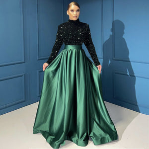 Muslim Evening Night Dress for Women Long Sleeves High Neck Sequin Velvet Formal Prom Wedding Party Gowns