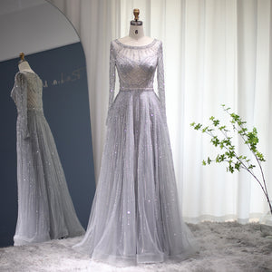 Luxury Dubai Silver Evening Dress for Women Wedding Party Elegant Long Sleeves Beaded Muslim Formal Gowns