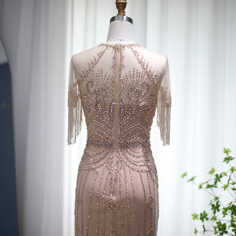 Champagne Tassel Mermaid Evening Dresses 2022 Luxury Dubai Long Formal Prom Dress for Women Wedding Party Gown