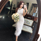 Elegant Light Blue Lace Midi Evening Dress with Feathers Beading Women Black Formal Dresses for Wedding Party