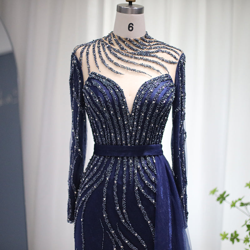 Luxury Navy Blue Lace Mermaid Dubai Beaded Evening Dress with Detachable Skirt Long Sleeve Arabic Formal Gowns for Women Wedding Party