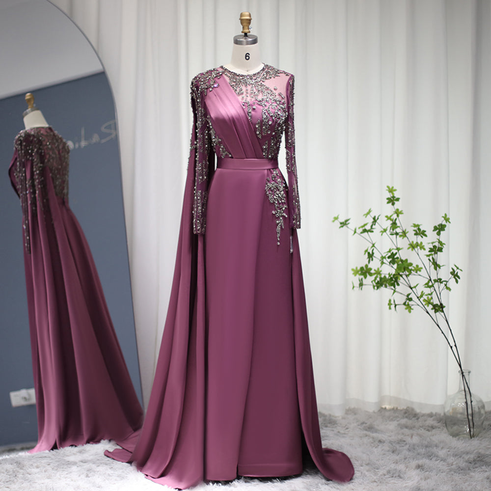 Elegant Burgundy Arabic Evening Dresses with Cape Long Sleeve Luxury Dubai Beaded Muslim Formal Dress for Women Wedding Party
