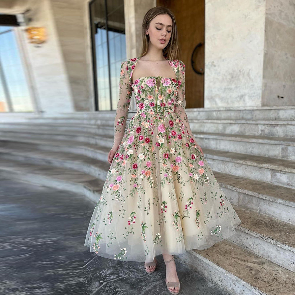 Garden Embroidery Short Evening Dress with Jacket 2022 Vintage Tea Length Midi Formal Party Gowns for Women Wedding