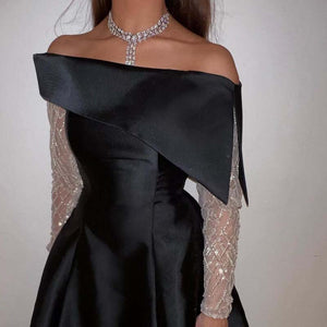 Black Dubai Evening Dresses Off the Shoulder Satin A-line Prom Gown Ankle Length Elegant Saudi Arabic Evening Dress Formal Gowns