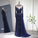 Luxury Navy Blue Lace Mermaid Dubai Beaded Evening Dress with Detachable Skirt Long Sleeve Arabic Formal Gowns for Women Wedding Party