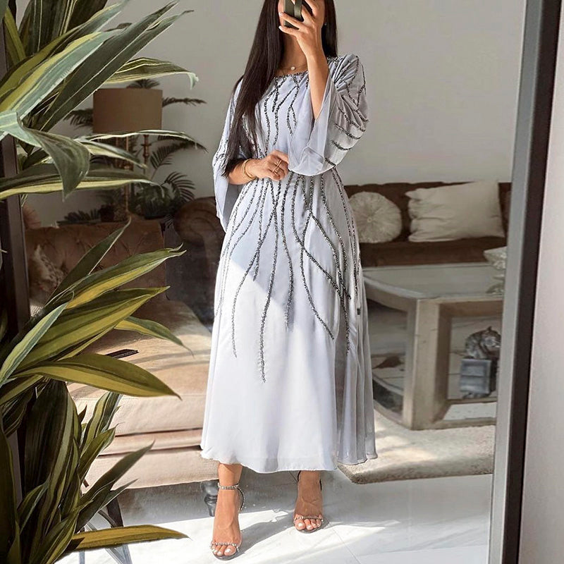 Luxury Dubai Gray Short Muslim Evening Dresses for Women Wedding Elegant Long Sleeve Beaded Arabic Formal Dress