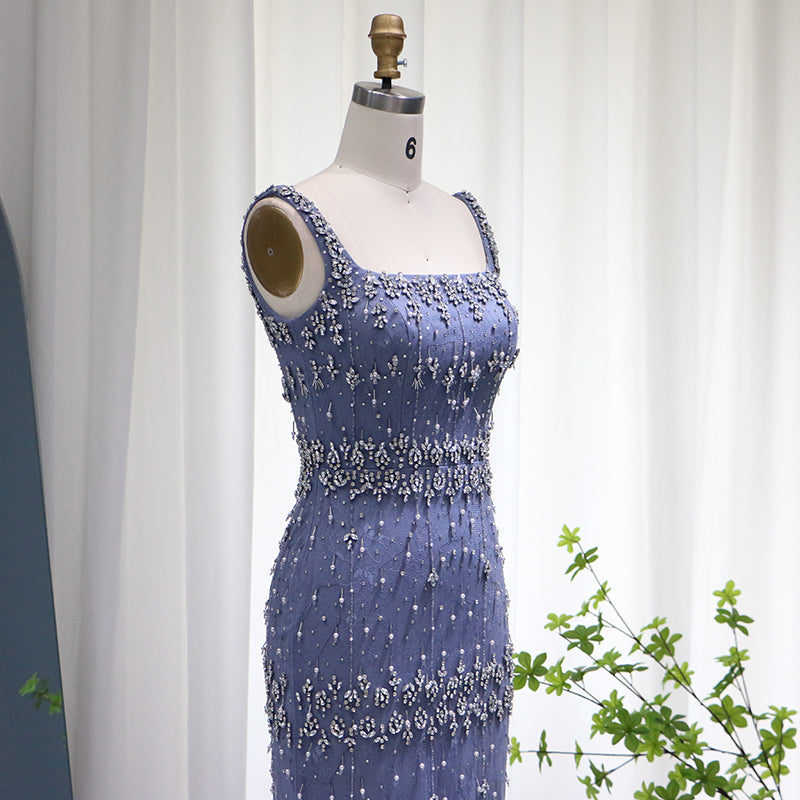 Luxury Crystal Feathers Dubai Evening Dresses for Women Wedding Elegant Blue Lace Midi Arabic Formal Party Gown