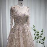 Luxury Gold Muslim Evening Dresses 2022 Dubai Beaded Long Sleeve Arabic Formal Dress for Women Wedding Party