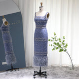 Luxury Crystal Feathers Dubai Evening Dresses for Women Wedding Elegant Blue Lace Midi Arabic Formal Party Gown