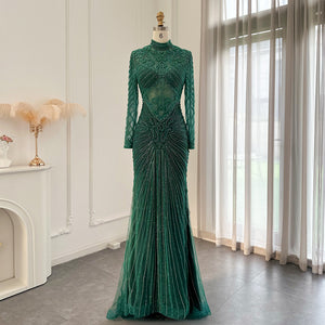 Heavy Beaded Emerald Green Dubai Luxury Evening Dresses for Women Wedding Muslim Arabic Champagne Formal Gowns