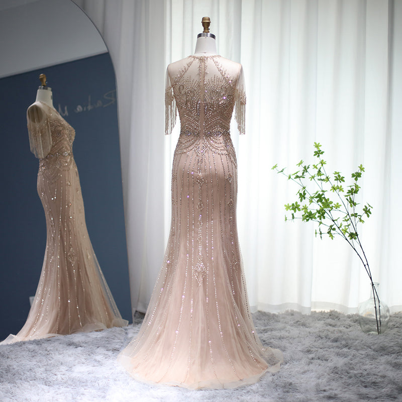 Champagne Tassel Mermaid Evening Dresses 2022 Luxury Dubai Long Formal Prom Dress for Women Wedding Party Gown