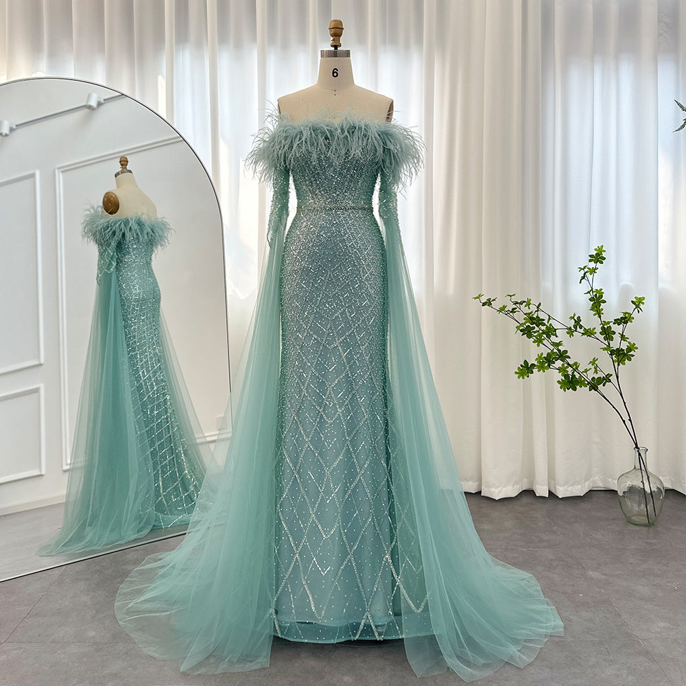 Luxury Feather Turquoise Dubai Evening Dress with Cape Sleeves 2023 Lilac Arabic Women Wedding Party Prom Gown