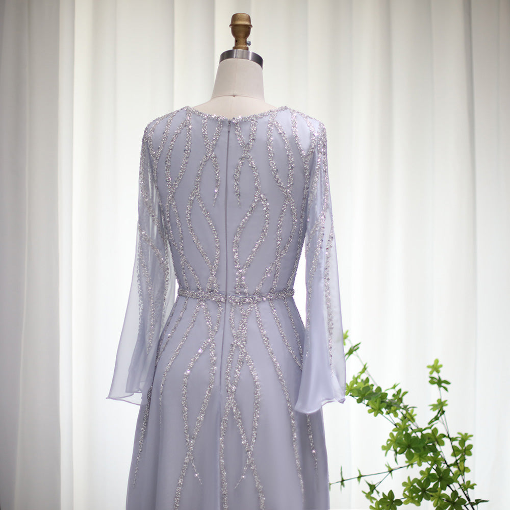 Luxury Dubai Gray Short Muslim Evening Dresses for Women Wedding Elegant Long Sleeve Beaded Arabic Formal Dress