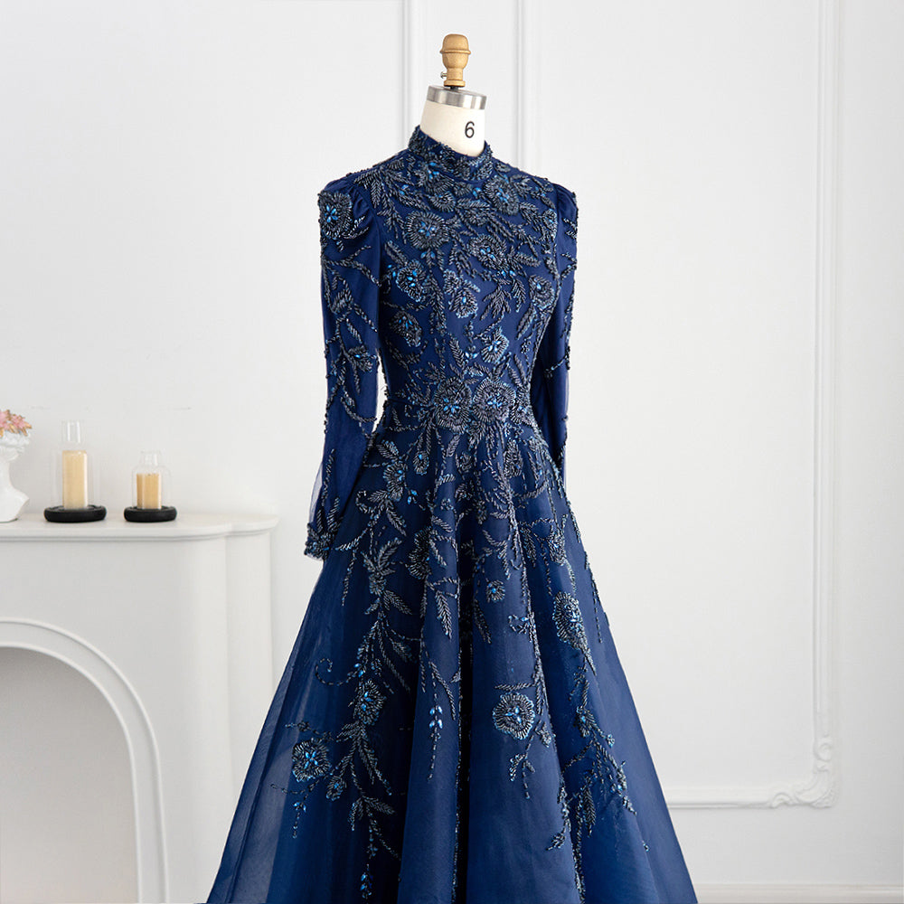 Luxury Dubai Navy Blue Muslim Evening Dress for Women Wedding Party 2022 Elegant Midi Arabic Formal Dresses