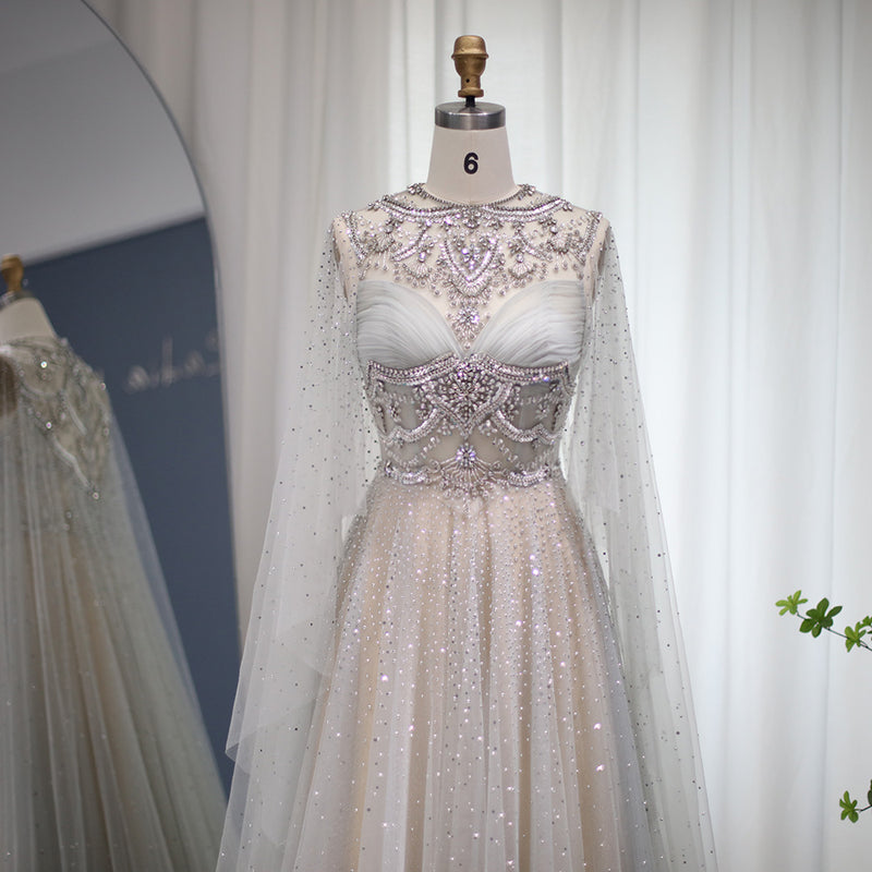 Luxury Dubai Silver Nude Beaded Evening Dresses with Cape Sleeve Arabic Formal Prom Dress for Women Wedding Party