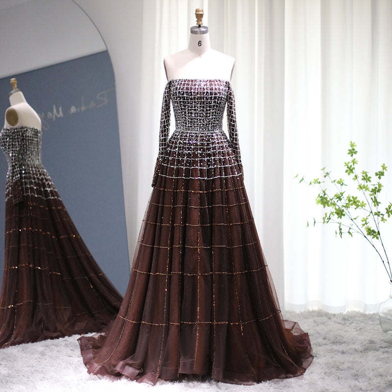 Luxury Dubai Off Shoulder Brown Evening Dress Long Sleeves Gold Crystal Arabic Women Formal Dresses Muslim Wedding Party Gowns