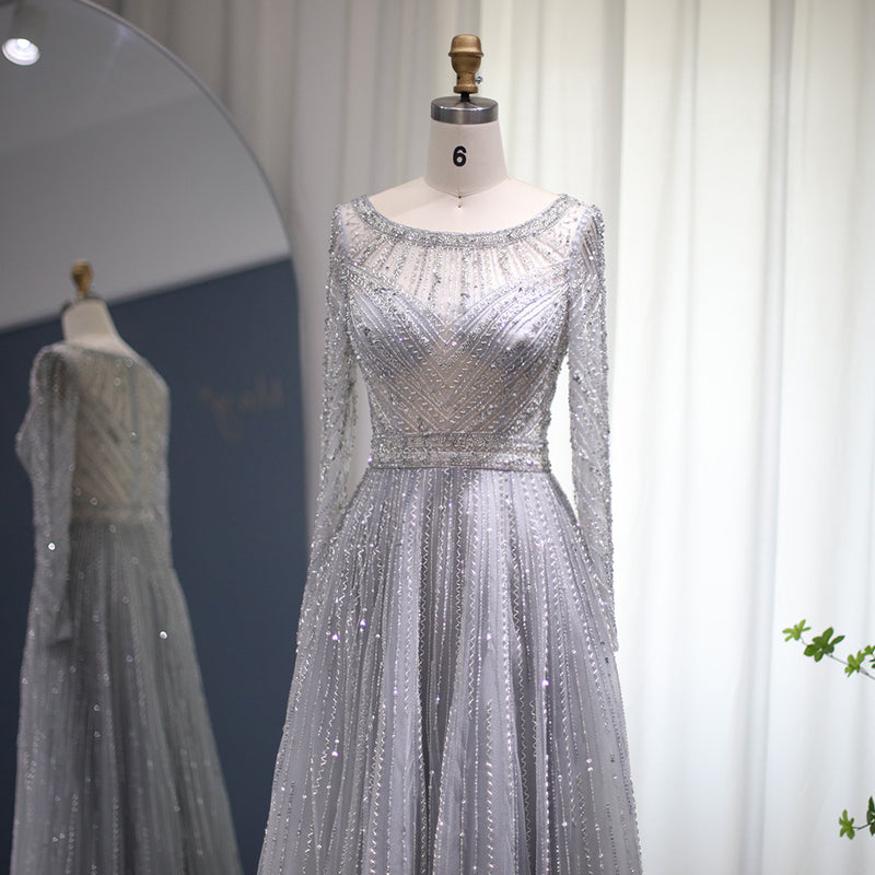 Luxury Dubai Silver Evening Dress for Women Wedding Party Elegant Long Sleeves Beaded Muslim Formal Gowns