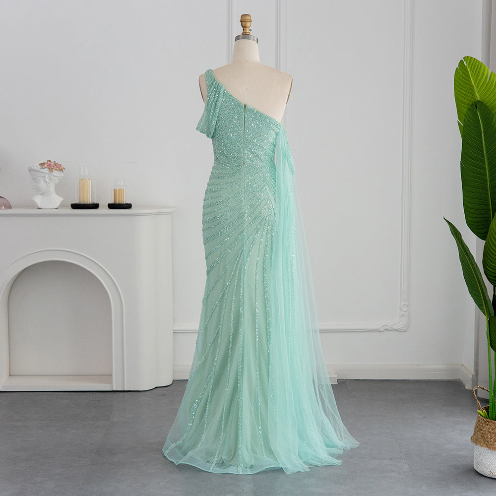Pink One Shoulder Mermaid Evening Dresses Cape Sleeve Luxury Dubai Mint Green Formal Dress for Wedding Party