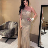 New Arrival Sparking Dubai Evening Fashion Dress One Shoulder Full Crystal Beaded Fitted Vintage Prom Party Gowns With Train