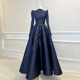 Navy Blue Muslim Evening Dresses for Women Wedding Guest 2022 Luxury Beaded Dubai Formal Party Gowns