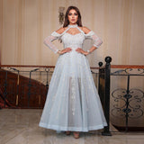 Dubai Light Blue Evening Dress for Women Wedding Elegant Off Shoulder Beaded Arabic Formal Party Gowns