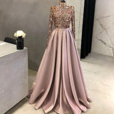Muslim Shinny Sequin Top Evening Dresses High-Neck Long Sleeves Prom Formal Party Gowns A-line Customize فساتين السهرة