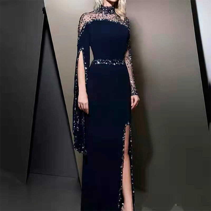 Shinny Beaded High Neck Prom Dresses 2022 Full Sleeves Back Illusion Party Formal Evening Gowns robe de soirée