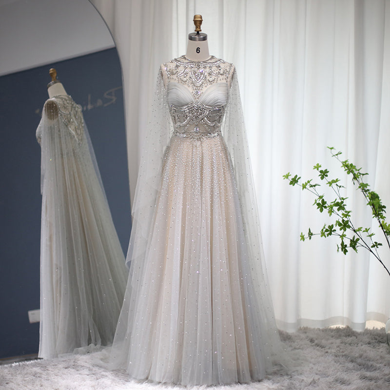 Luxury Dubai Silver Nude Beaded Evening Dresses with Cape Sleeve Arabic Formal Prom Dress for Women Wedding Party