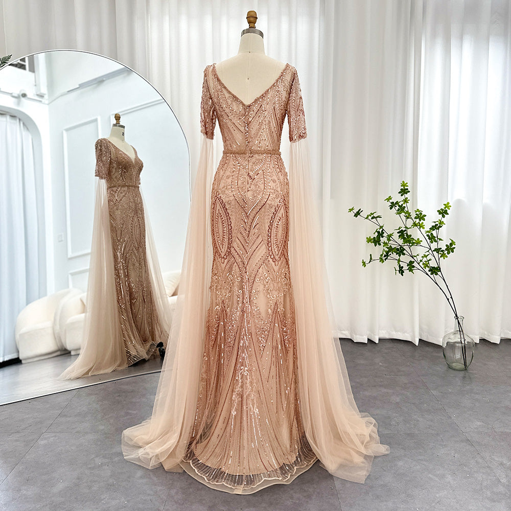 Luxury Emerald Green Evening Dresses with Cape Sleeves 2023 Elegant Rose Gold Gray Women Wedding Party Gowns SS152