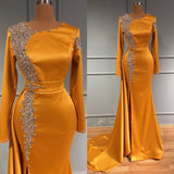 Luxurious Arabic Orange Satin Mermaid Evening Dresses Beaded Crystals Prom Formal Party vestidos de fiesta