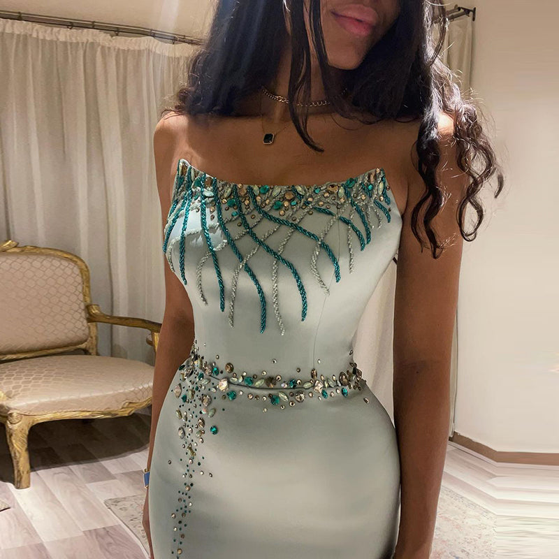 Turquoise Crystal Beaded Luxury Dubai Evening Dress for Women Wedding Party Elegant Long Mermaid Formal Prom Dresses